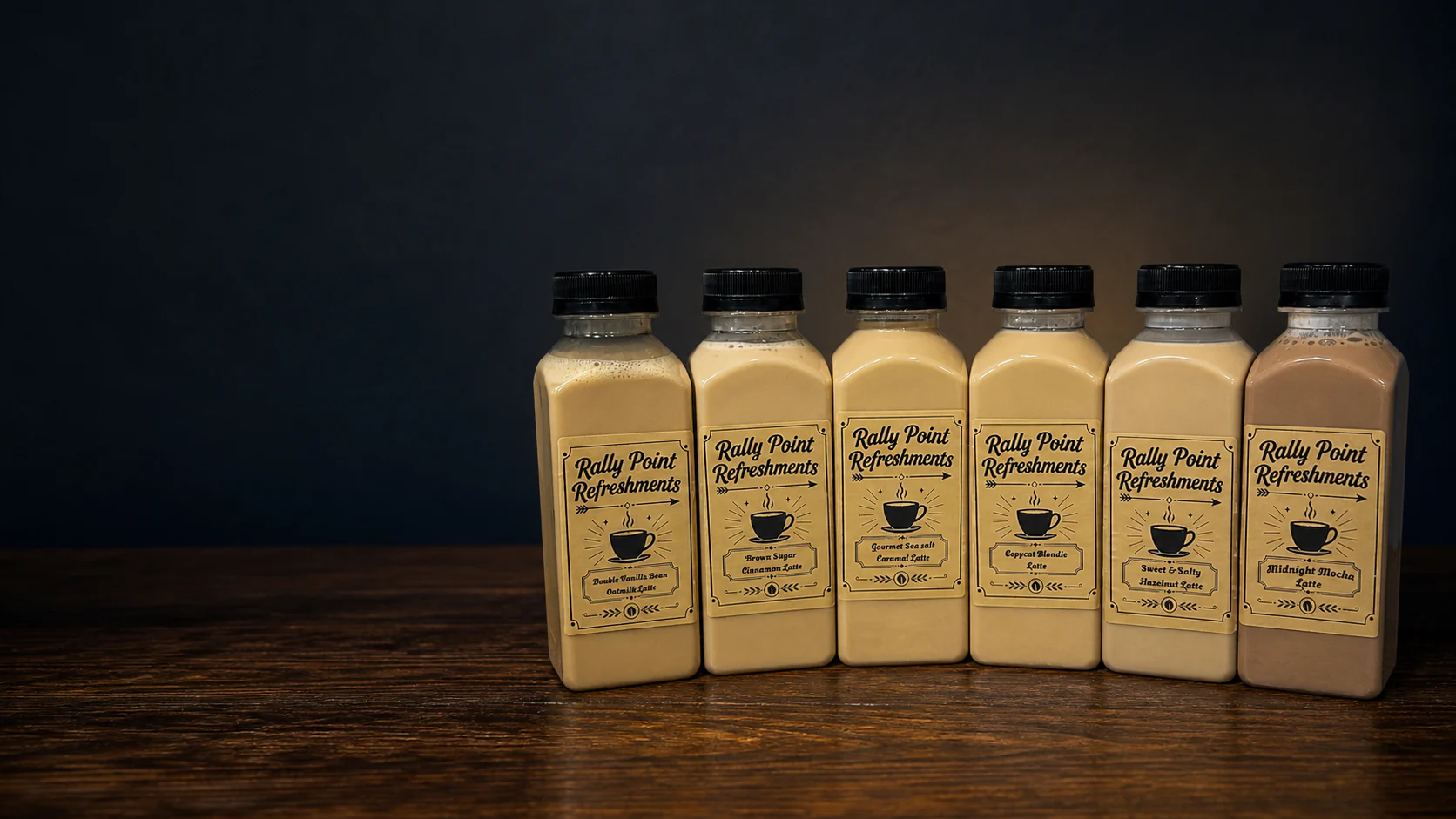 Six bottled Rally Point lattes arranged on a dark wood counter